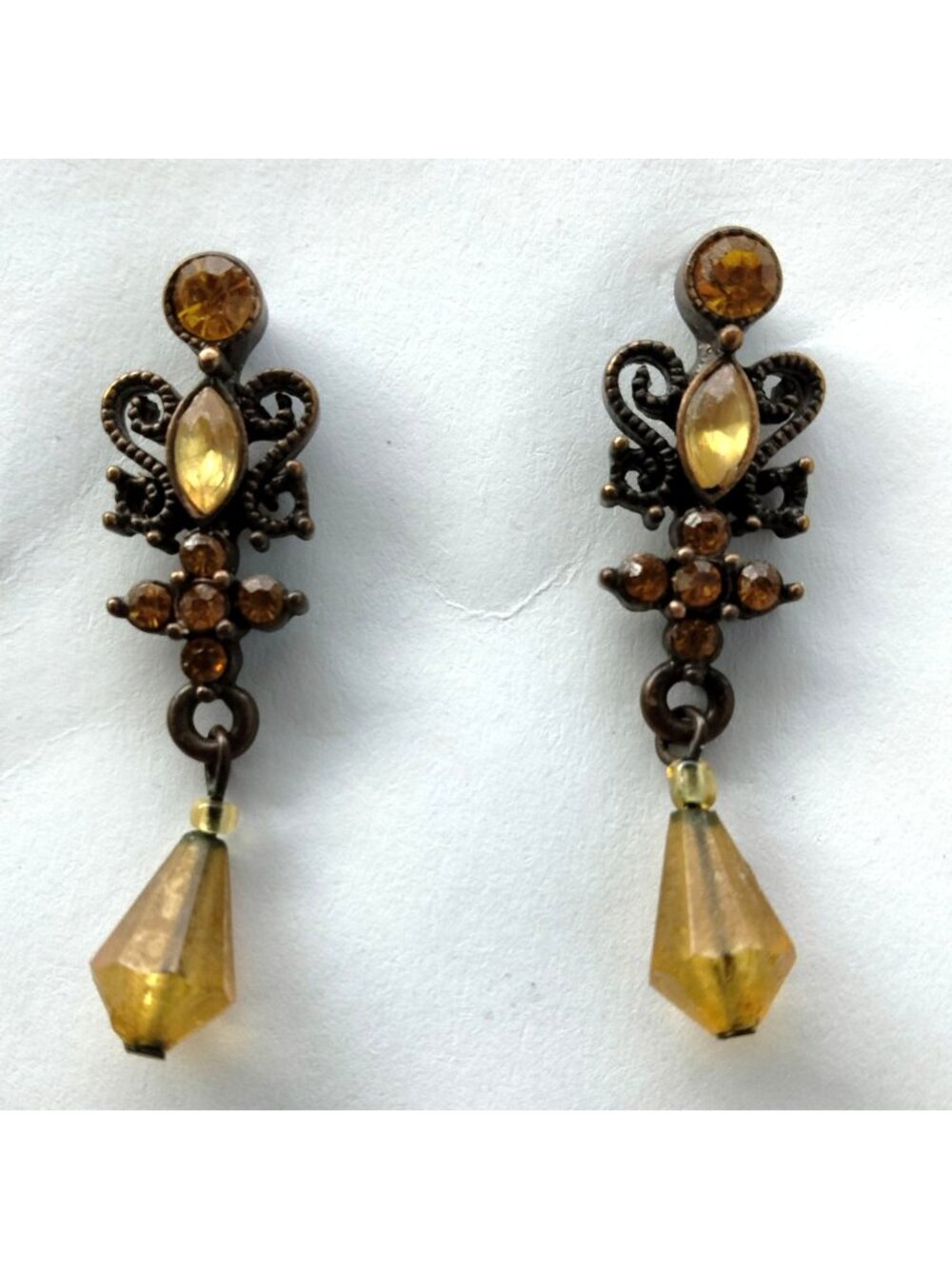 Elegant Drop Earrings Amber Rhinestones Yellow Glass Pendants Ornate Filigree